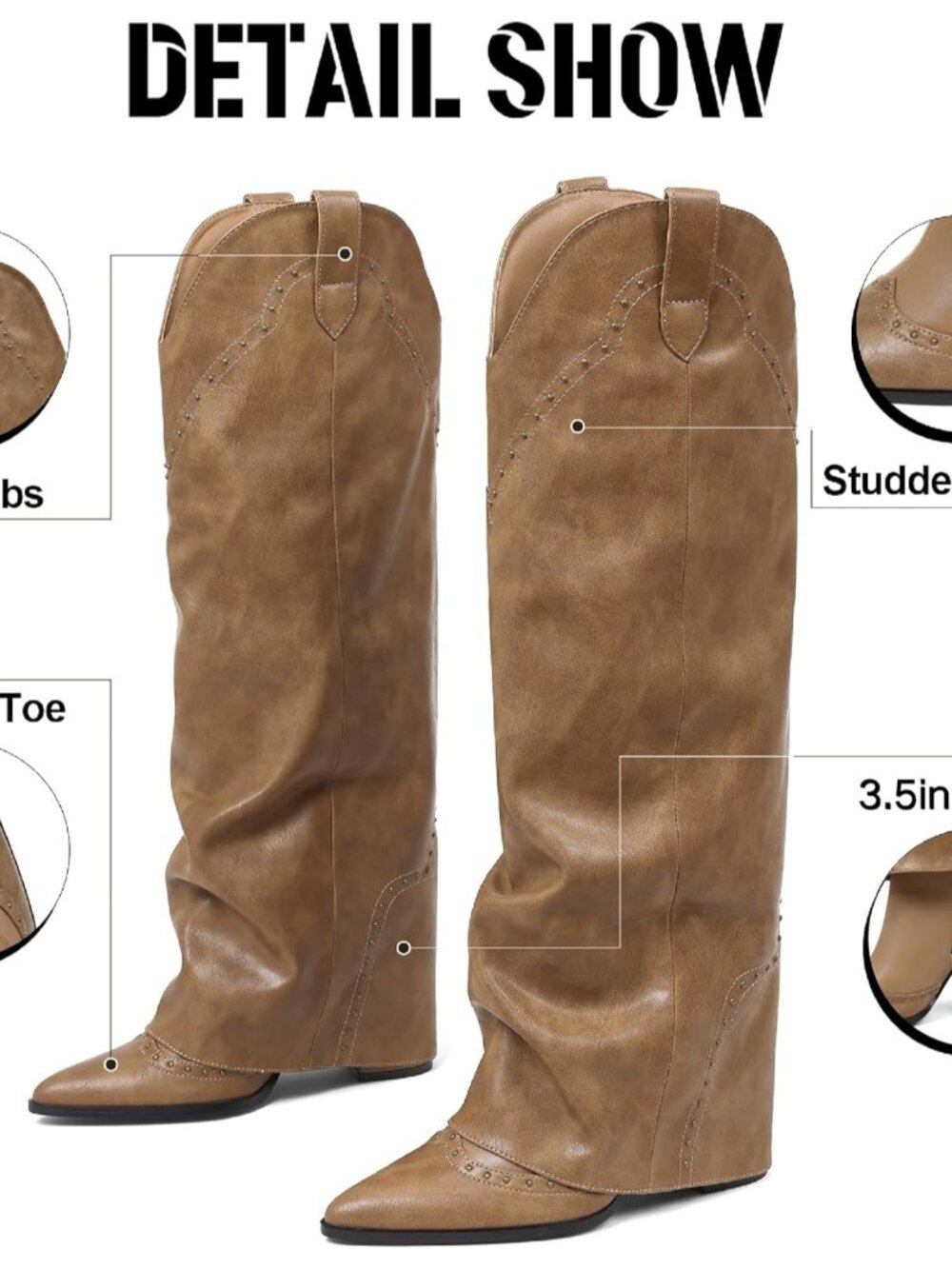 Women's Khaki Shark Studded Fold Over Knee High Boots Tall Pull on Cowgirl Boots - Picture 6 of 7